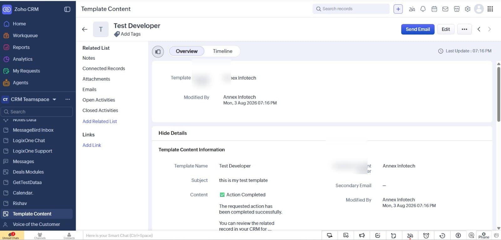 Zoho CRM — Template Email Sender — detail view